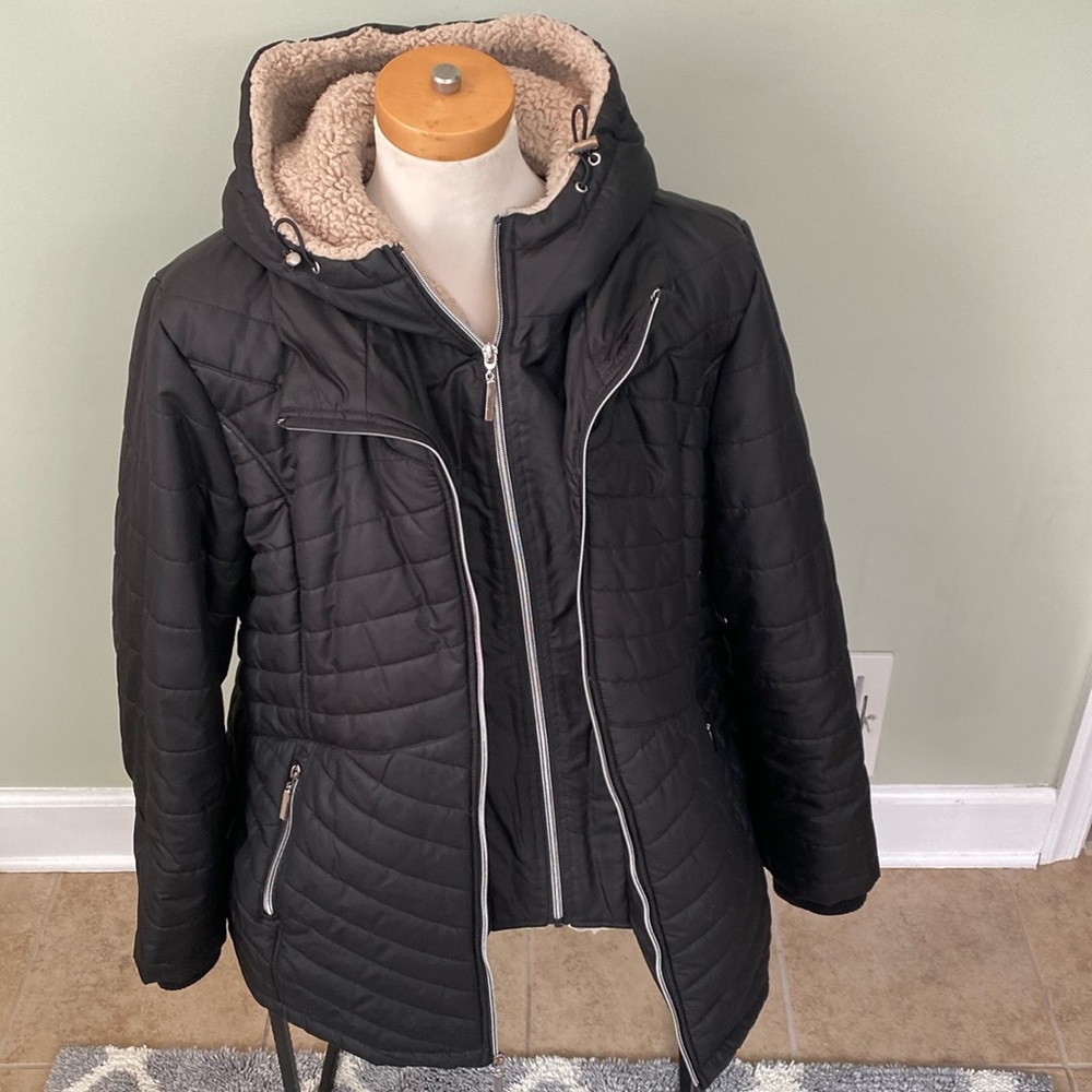 Details INTL Women’s Faux Fur Hooded black Quilted Jacket Coat  XXL